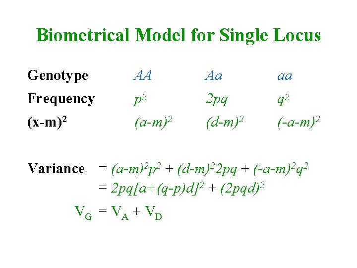 Biometrical Model for Single Locus Genotype AA Aa aa Frequency p 2 2 pq
