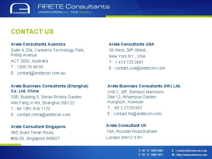 CONTACT US Arete Consultants Australia Suite A 204, Canberra Technology Park, Phillip Avenue ACT