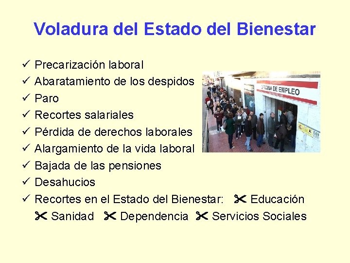 Voladura del Estado del Bienestar Precarización laboral Abaratamiento de los despidos Paro Recortes salariales