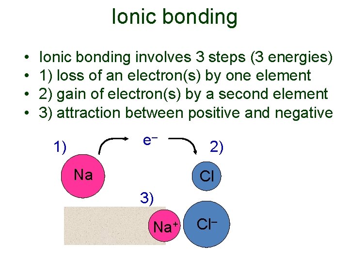 Ionic bonding • • Ionic bonding involves 3 steps (3 energies) 1) loss of