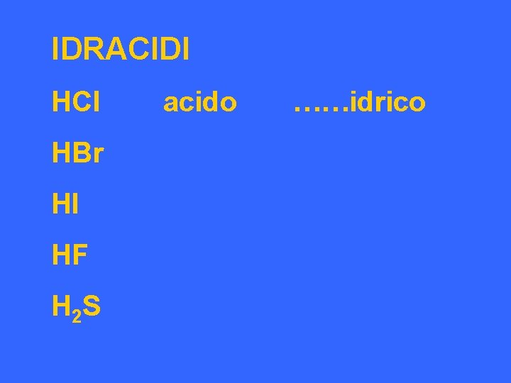 IDRACIDI HCl HBr HI HF H 2 S acido ……idrico 