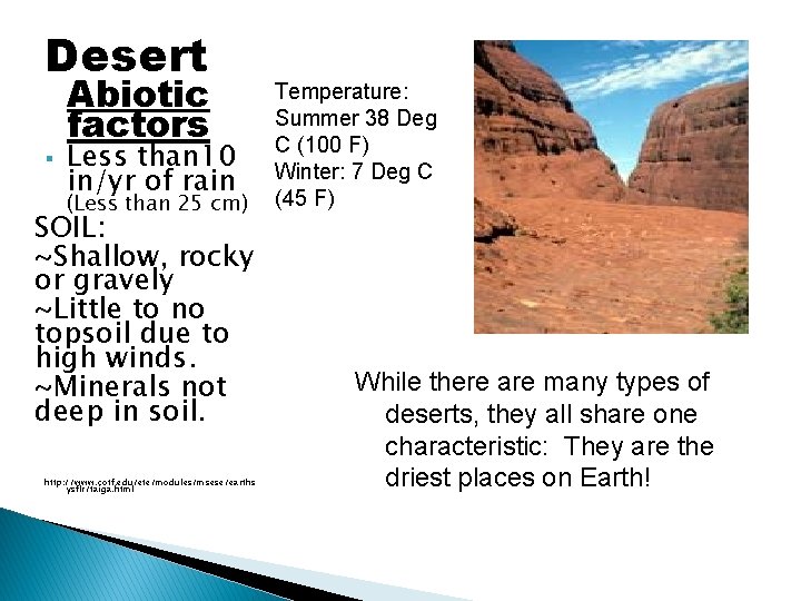 Desert § Abiotic factors Less than 10 in/yr of rain (Less than 25 cm)