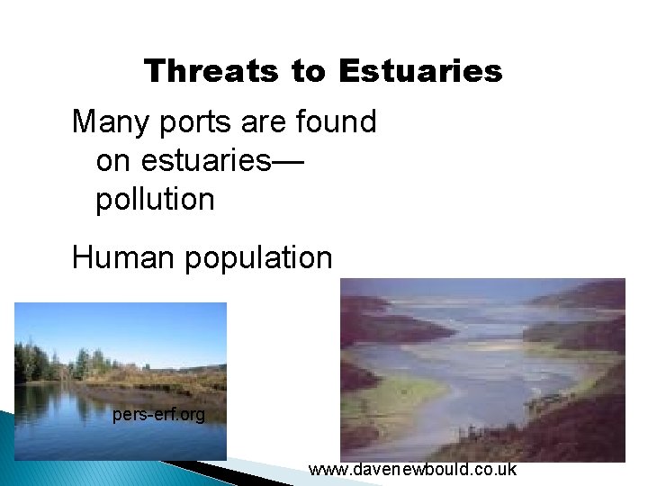 Threats to Estuaries Many ports are found on estuaries— pollution Human population pers-erf. org
