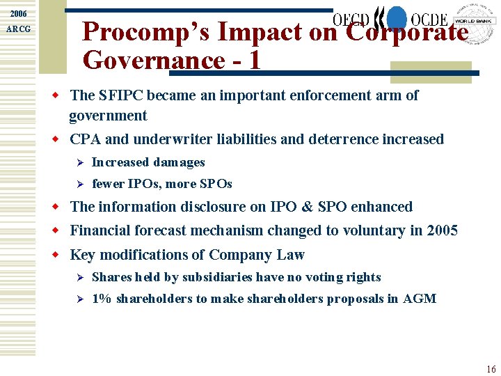 2006 ARCG Procomp’s Impact on Corporate Governance - 1 w The SFIPC became an