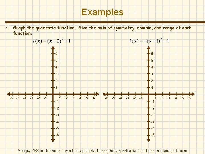 Examples • Graph the quadratic function. Give the axis of symmetry, domain, and range