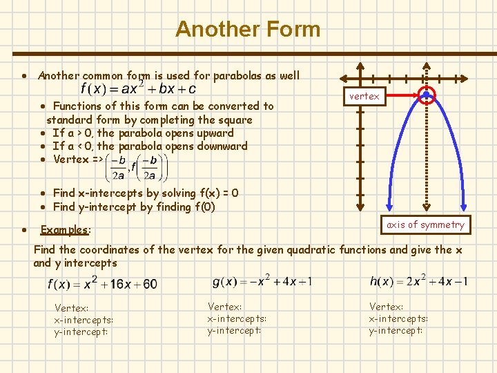 Another Form Another common form is used for parabolas as well Functions of this
