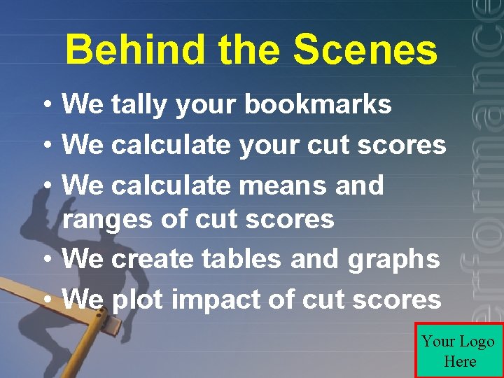 Behind the Scenes • We tally your bookmarks • We calculate your cut scores