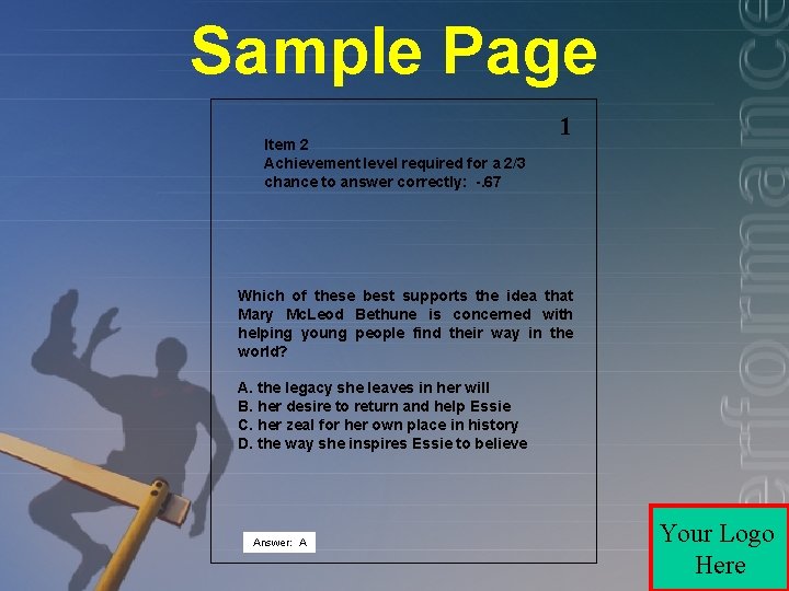 Sample Page Item 2 Achievement level required for a 2/3 chance to answer correctly: