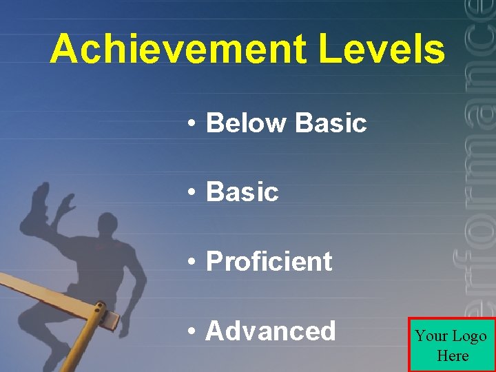 Achievement Levels • Below Basic • Proficient • Advanced Your Logo Here 