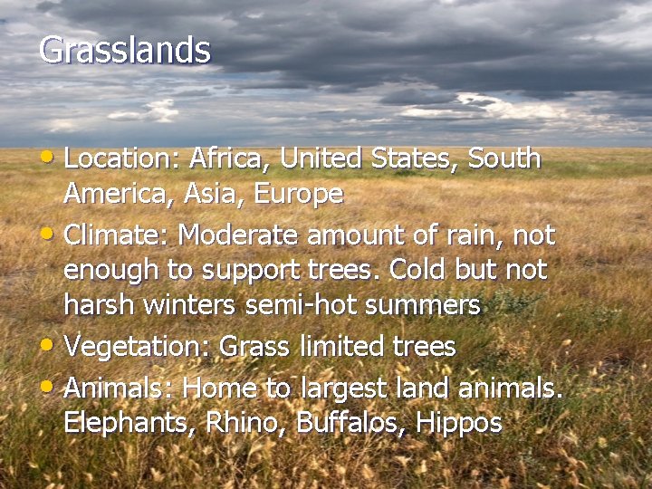 Grasslands • Location: Africa, United States, South America, Asia, Europe • Climate: Moderate amount