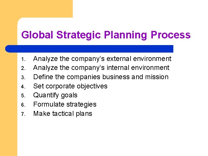Global Strategic Planning Process 1. 2. 3. 4. 5. 6. 7. Analyze the company’s
