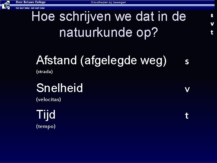 Grootheden bij bewegen Hoe schrijven we dat in de natuurkunde op? Afstand (afgelegde weg)