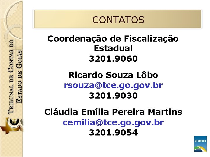CONTATOS Coordenação de Fiscalização Estadual 3201. 9060 Ricardo Souza Lôbo rsouza@tce. gov. br 3201.