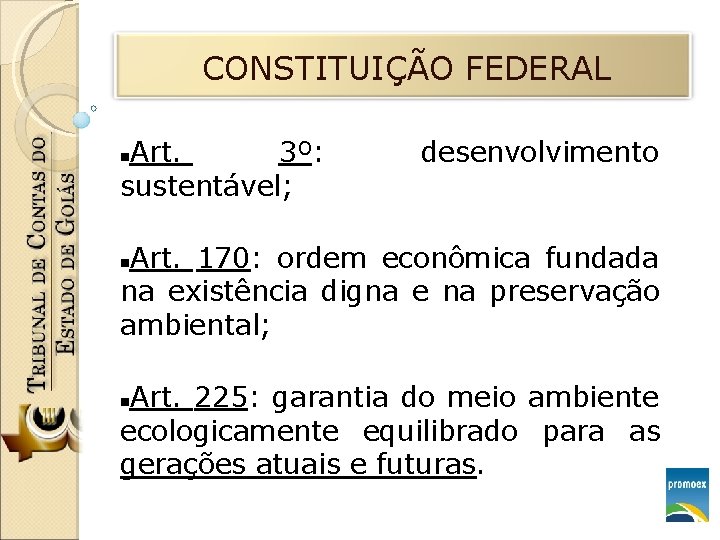 CONSTITUIÇÃO FEDERAL Art. 3º: sustentável; desenvolvimento Art. 170: ordem econômica fundada na existência digna