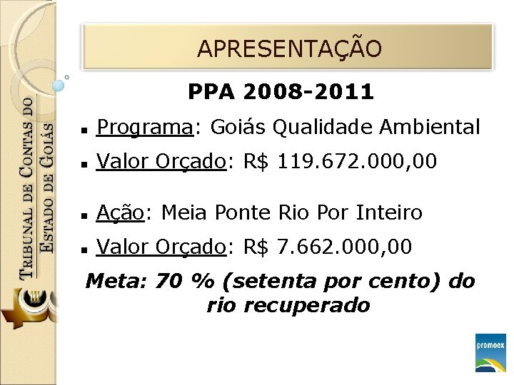 APRESENTAÇÃO PPA 2008 -2011 Programa: Goiás Qualidade Ambiental Valor Orçado: R$ 119. 672. 000,