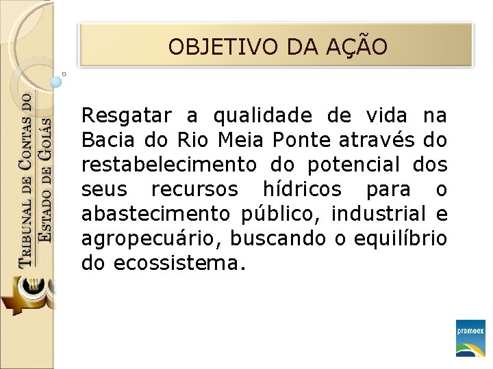 OBJETIVO DA AÇÃO Resgatar a qualidade de vida na Bacia do Rio Meia Ponte