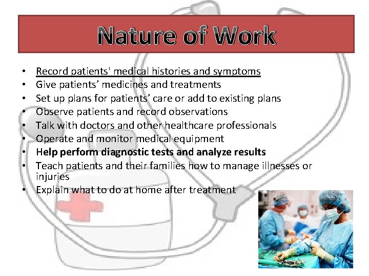 Nature of Work Record patients' medical histories and symptoms Give patients’ medicines and treatments