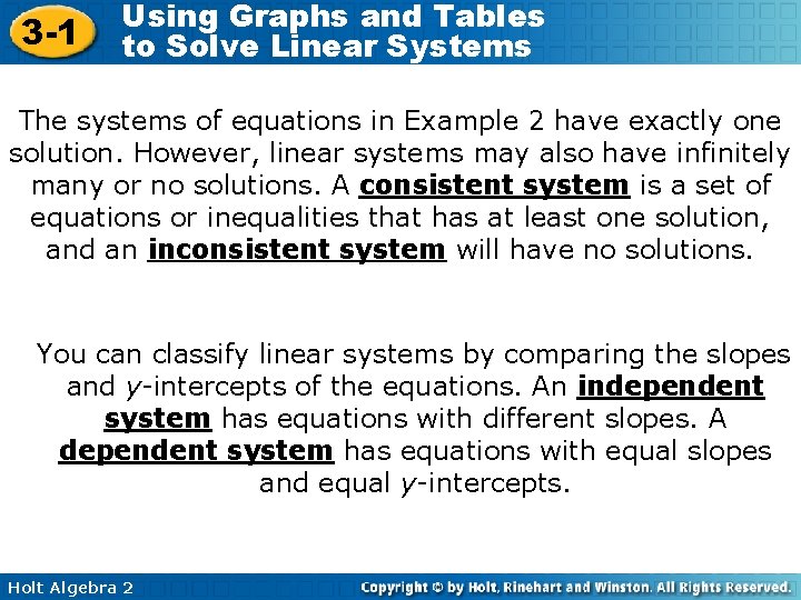 3 -1 Using Graphs and Tables to Solve Linear Systems The systems of equations