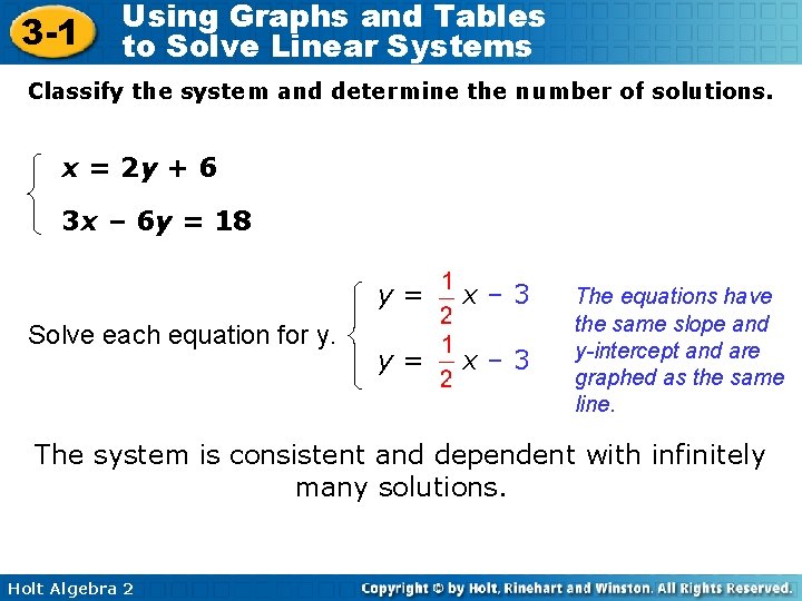 3 -1 Using Graphs and Tables to Solve Linear Systems Classify the system and