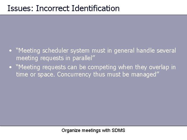 Issues: Incorrect Identification • “Meeting scheduler system must in general handle several meeting requests