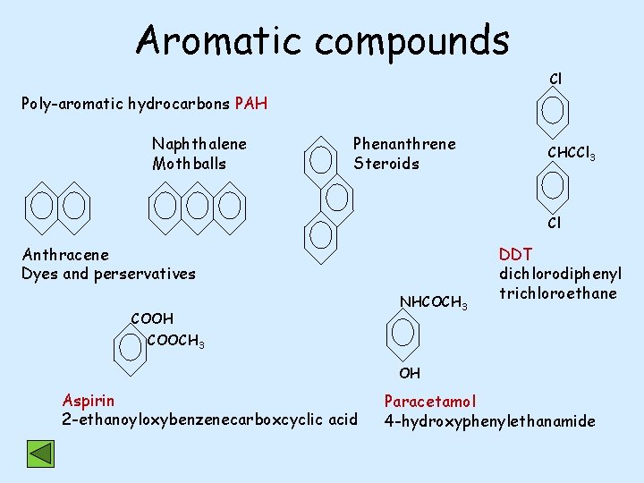 Aromatic compounds Cl Poly-aromatic hydrocarbons PAH Naphthalene Mothballs Phenanthrene Steroids CHCCl 3 Cl Anthracene