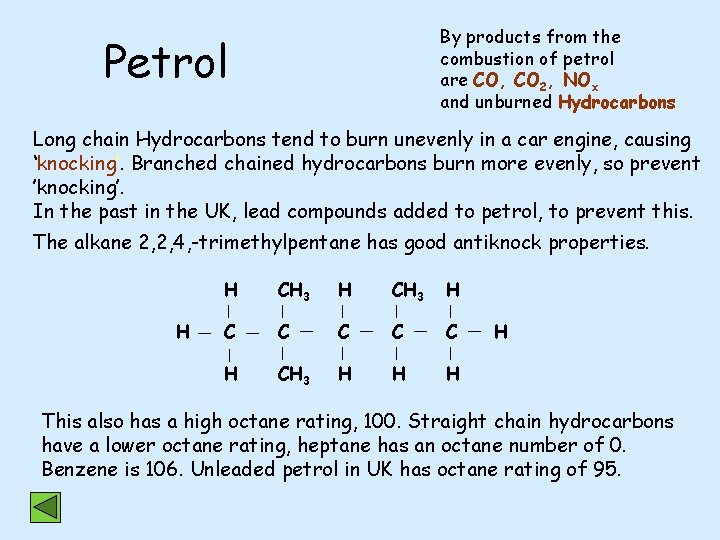 By products from the combustion of petrol are CO, CO 2, NOx and unburned