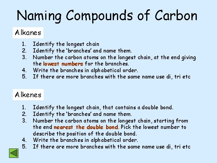 Naming Compounds of Carbon Alkanes 1. 2. 3. 4. 5. Identify the longest chain