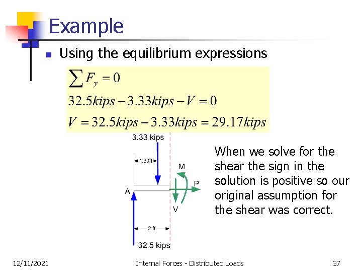 Example n Using the equilibrium expressions When we solve for the shear the sign Example n Using the equilibrium expressions When we solve for the shear the sign