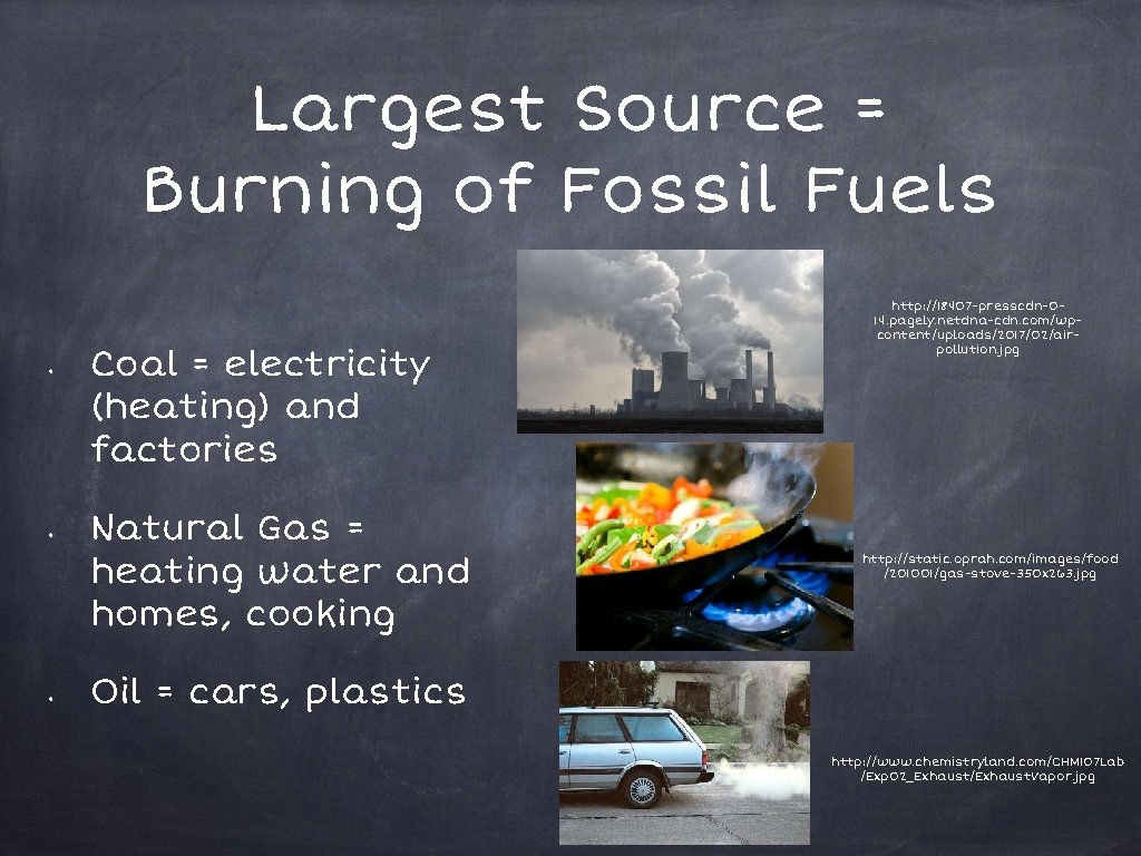 Largest Source = Burning of Fossil Fuels • • • Coal = electricity (heating)