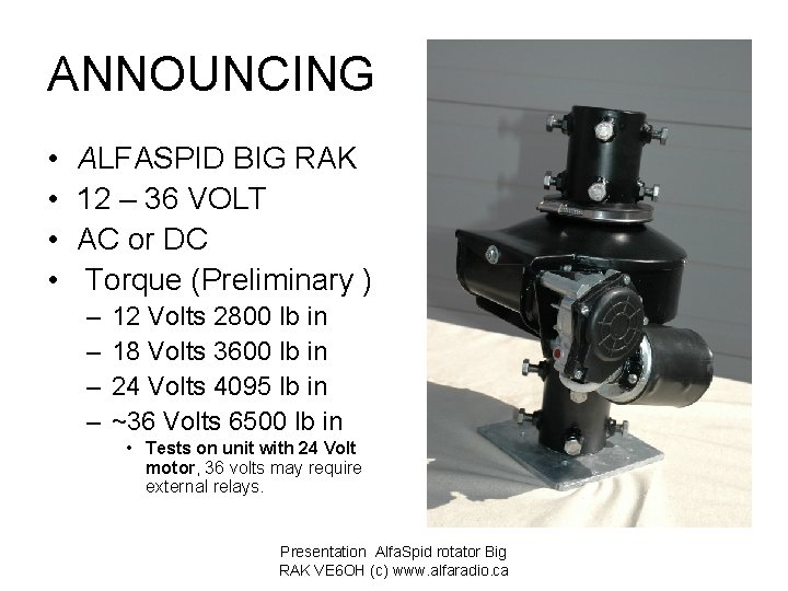 ANNOUNCING • • ALFASPID BIG RAK 12 – 36 VOLT AC or DC Torque