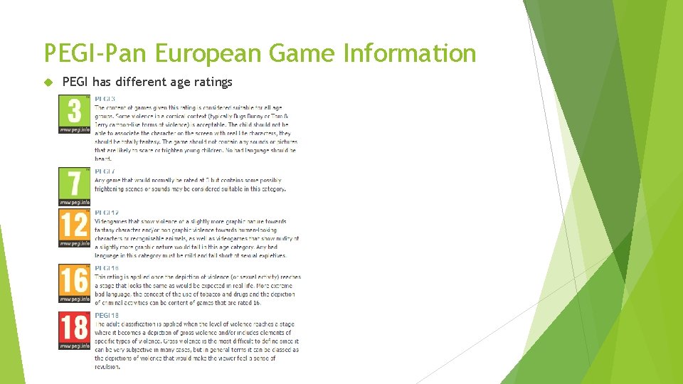 PEGI-Pan European Game Information PEGI has different age ratings 