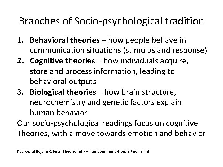Branches of Socio-psychological tradition 1. Behavioral theories – how people behave in communication situations
