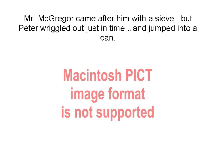 Mr. Mc. Gregor came after him with a sieve, but Peter wriggled out just