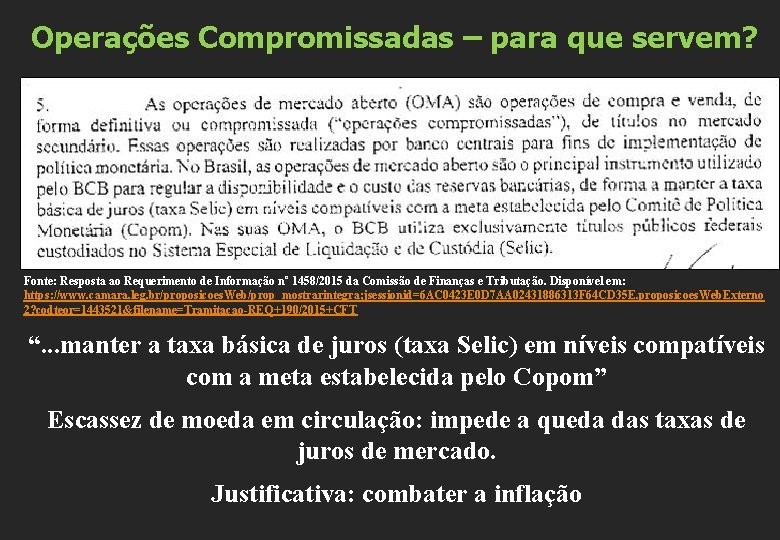 Operações Compromissadas – para que servem? Fonte: Resposta ao Requerimento de Informação nº 1458/2015