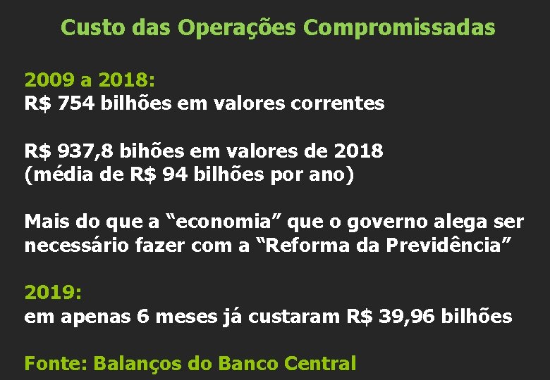 Custo das Operações Compromissadas 2009 a 2018: R$ 754 bilhões em valores correntes R$