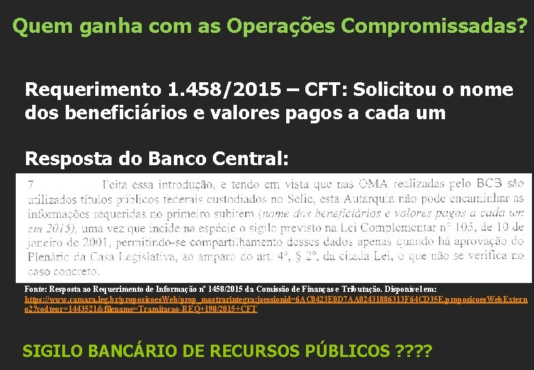 Quem ganha com as Operações Compromissadas? Requerimento 1. 458/2015 – CFT: Solicitou o nome