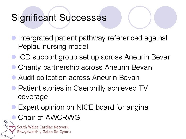 Significant Successes l Intergrated patient pathway referenced against Peplau nursing model l ICD support
