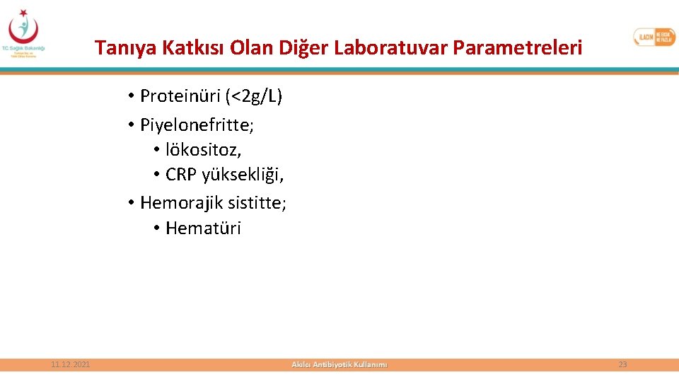 Tanıya Katkısı Olan Diğer Laboratuvar Parametreleri • Proteinüri (<2 g/L) • Piyelonefritte; • lökositoz,