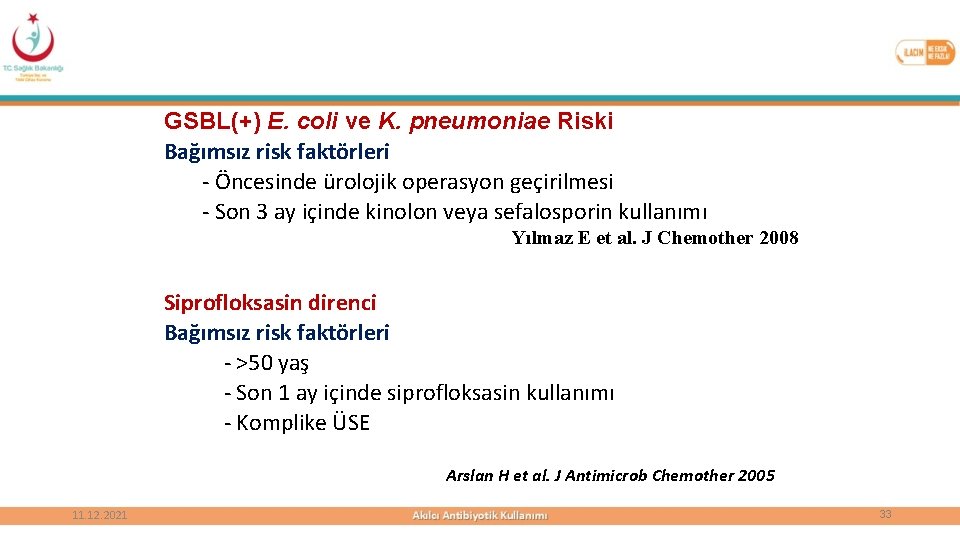 GSBL(+) E. coli ve K. pneumoniae Riski Bağımsız risk faktörleri - Öncesinde ürolojik operasyon