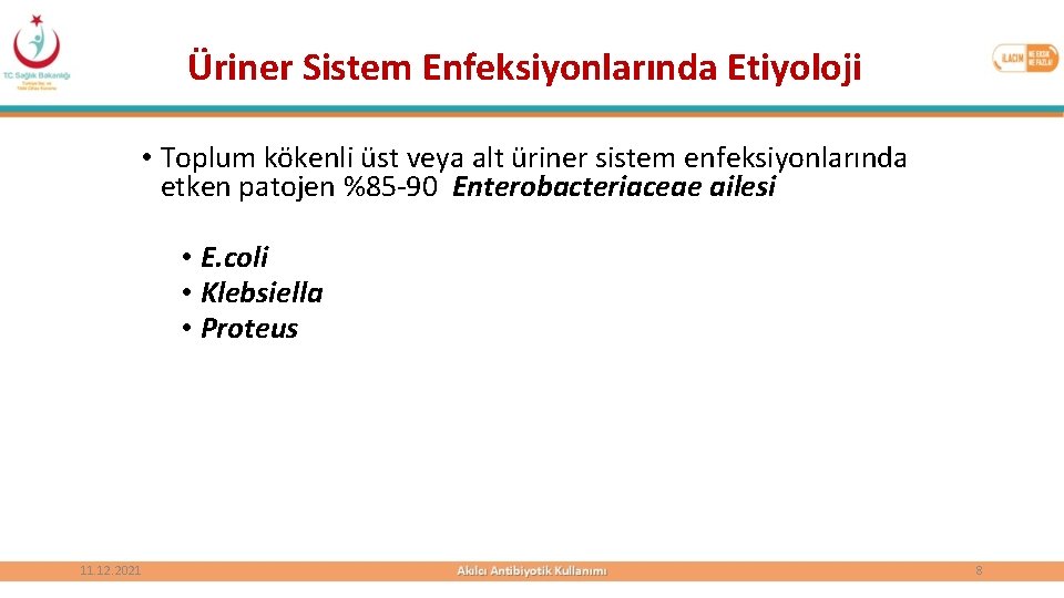 Üriner Sistem Enfeksiyonlarında Etiyoloji • Toplum kökenli üst veya alt üriner sistem enfeksiyonlarında etken
