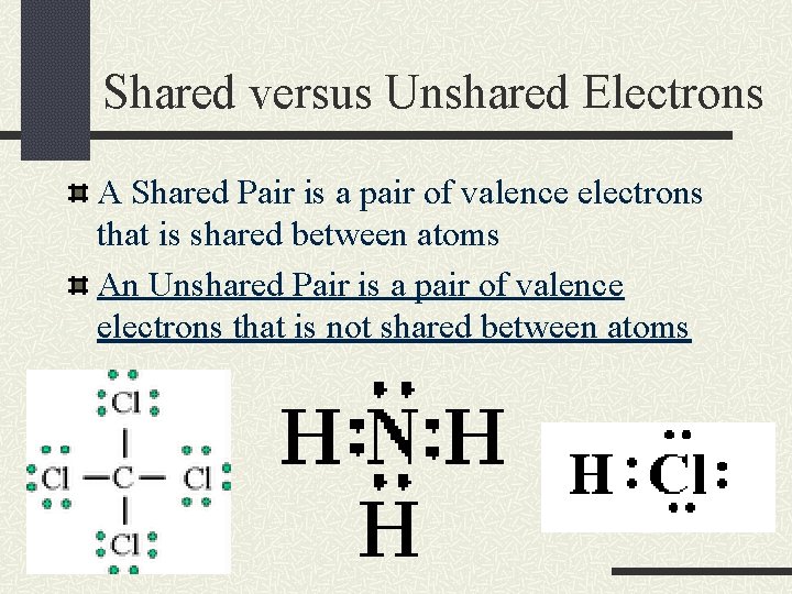 Shared versus Unshared Electrons A Shared Pair is a pair of valence electrons that