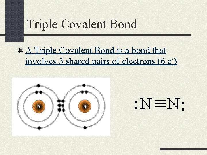 Triple Covalent Bond A Triple Covalent Bond is a bond that involves 3 shared