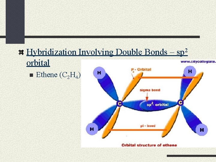 Hybridization Involving Double Bonds – sp 2 orbital n Ethene (C 2 H 4)