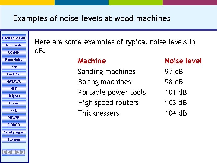 Examples of noise levels at wood machines Back to menu Accidents COSHH Electricity Fire