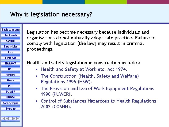 Why is legislation necessary? Back to menu Accidents COSHH Electricity Fire Legislation has become