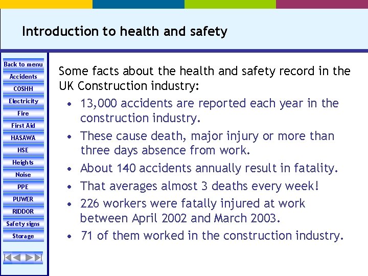 Introduction to health and safety Back to menu Accidents COSHH Electricity Fire First Aid