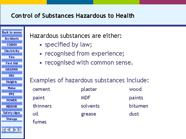Control of Substances Hazardous to Health Back to menu Accidents COSHH Electricity Fire First