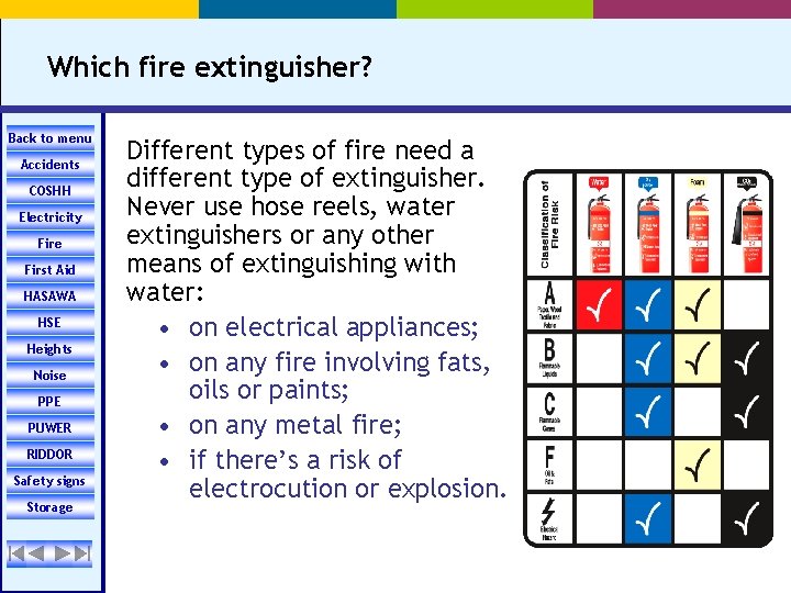 Which fire extinguisher? Back to menu Accidents COSHH Electricity Fire First Aid HASAWA HSE