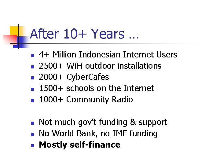 After 10+ Years … n n n n 4+ Million Indonesian Internet Users 2500+