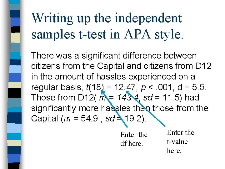 Writing up the independent samples t-test in APA style. There was a significant difference